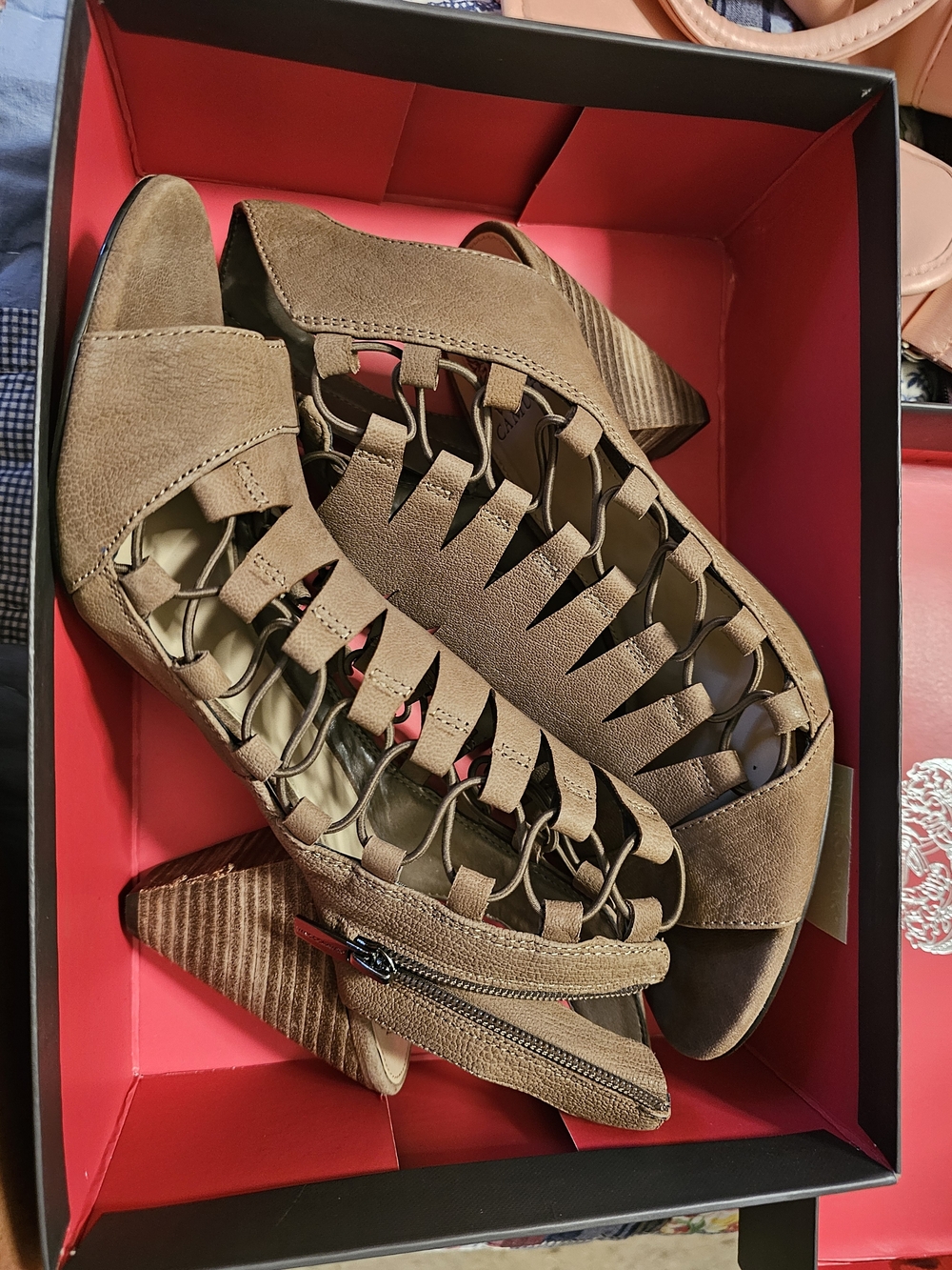 Vince Camuto Taupe Suede Cutout Block Heel Sandals